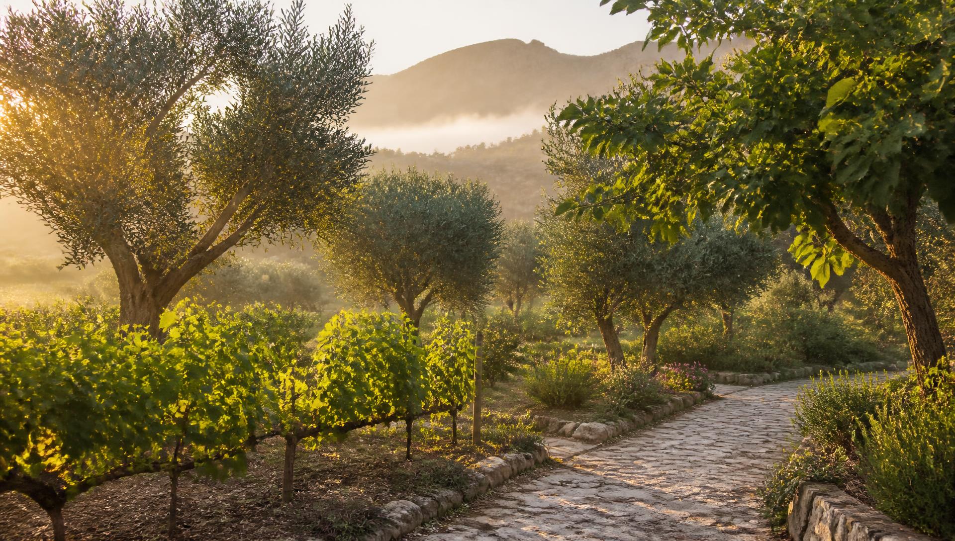 Fotografia de um jardim mediterrâneo ao amanhecer com oliveiras, videiras e caminho de pedra